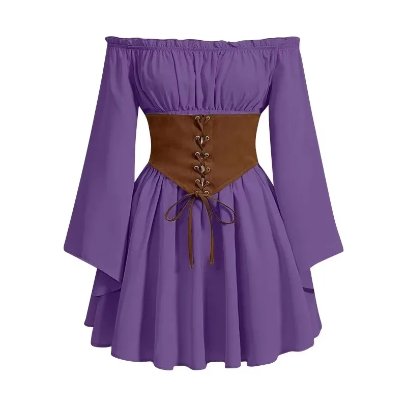 New European and American Flared Sleeve Long Sleeved Medieval Renaissance Waist Slimming Dress with Patchwork Long Skirt