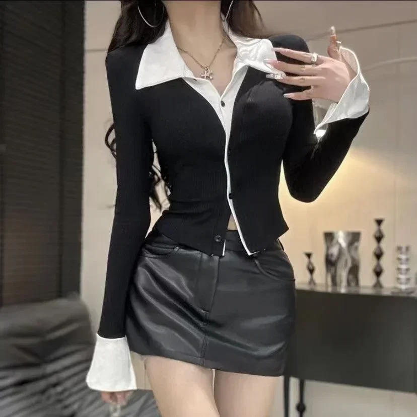 Sexy Crop Top Long Sleeve Polyester Women's Polo Shirts Synthetic Pretty Aesthetic T-shirts Korean Popular Clothes Female Tee