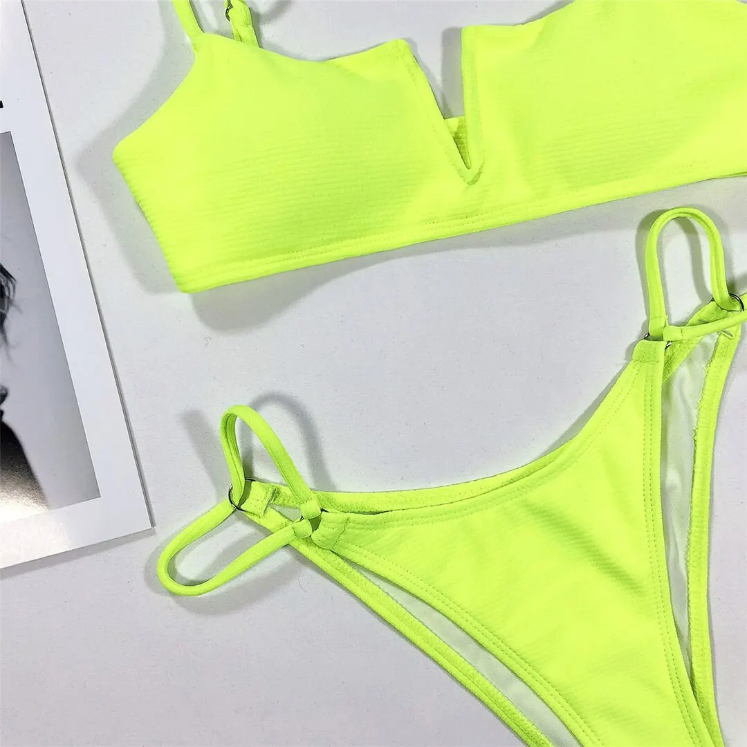 3 Farben 2026 Gerippter Neon-Gelber Bikini Damen-Badeanzug Zweiteiliger Bikini-Set Bademode Badeanzug Schwimmen Damen V2131 – Detail 19