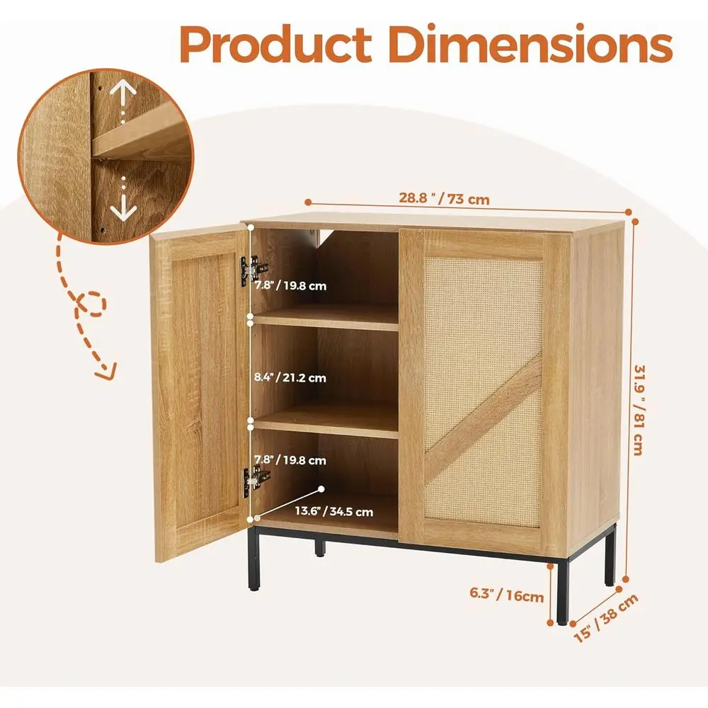 Buffetschrank aus natürlichem Rattan mit 2 Türen, Metallgestell, verstellbares Regal für Küche, Kaffeebar, Eingangsbereich, Flur, Wohnzimmer