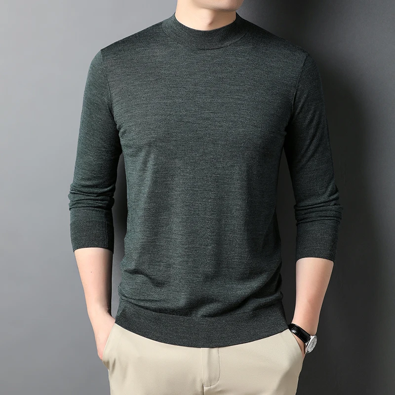 

2022 100% Wool Mens Sweater Spring Autumn Mock Neck Long Sleeve Computer Knitted Sweater Men Keep Warm Solid Color Man Sweater