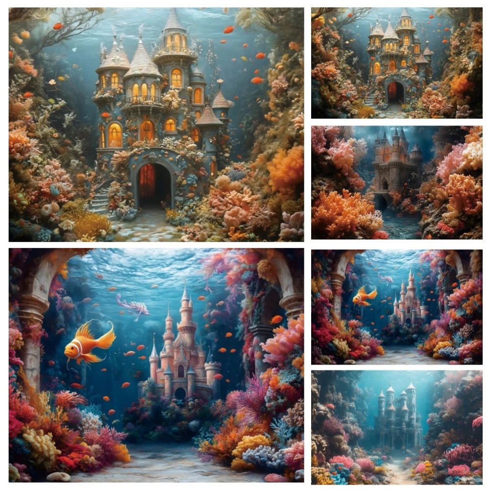 

Under the Sea Castle Backdrop Photography Underwater World Seabed Coral Aquarium Fish Tank Decoration Background Photo Studio