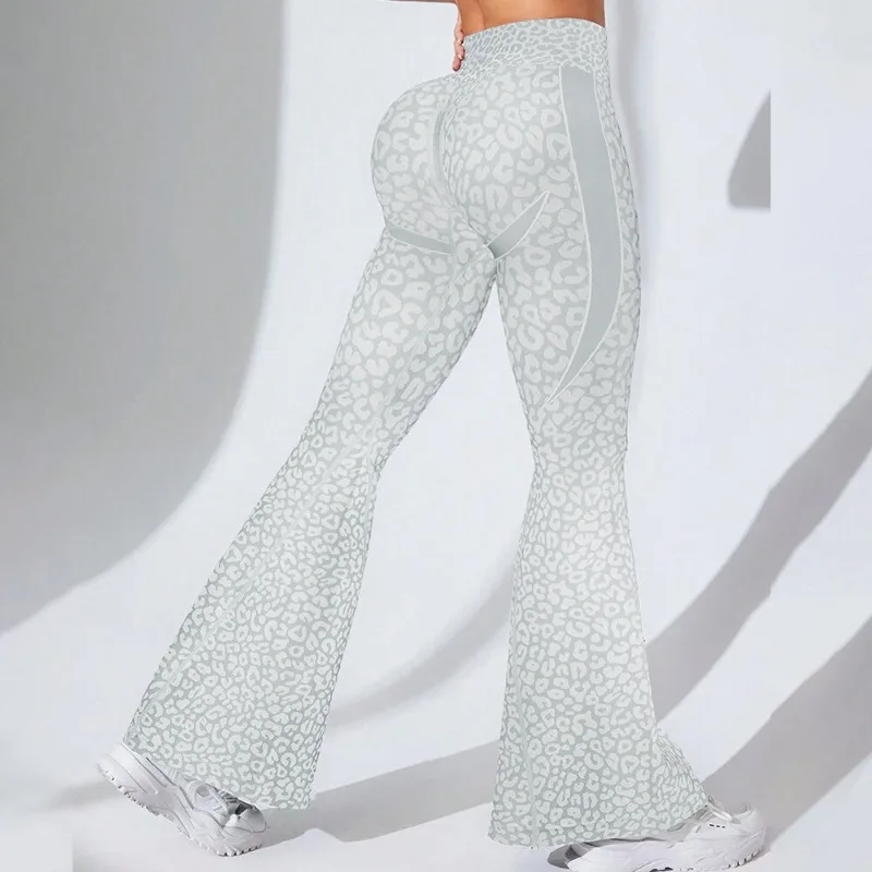 Calças femininas de ioga fitness com estampa de leopardo e costas cruzadas sem costura
