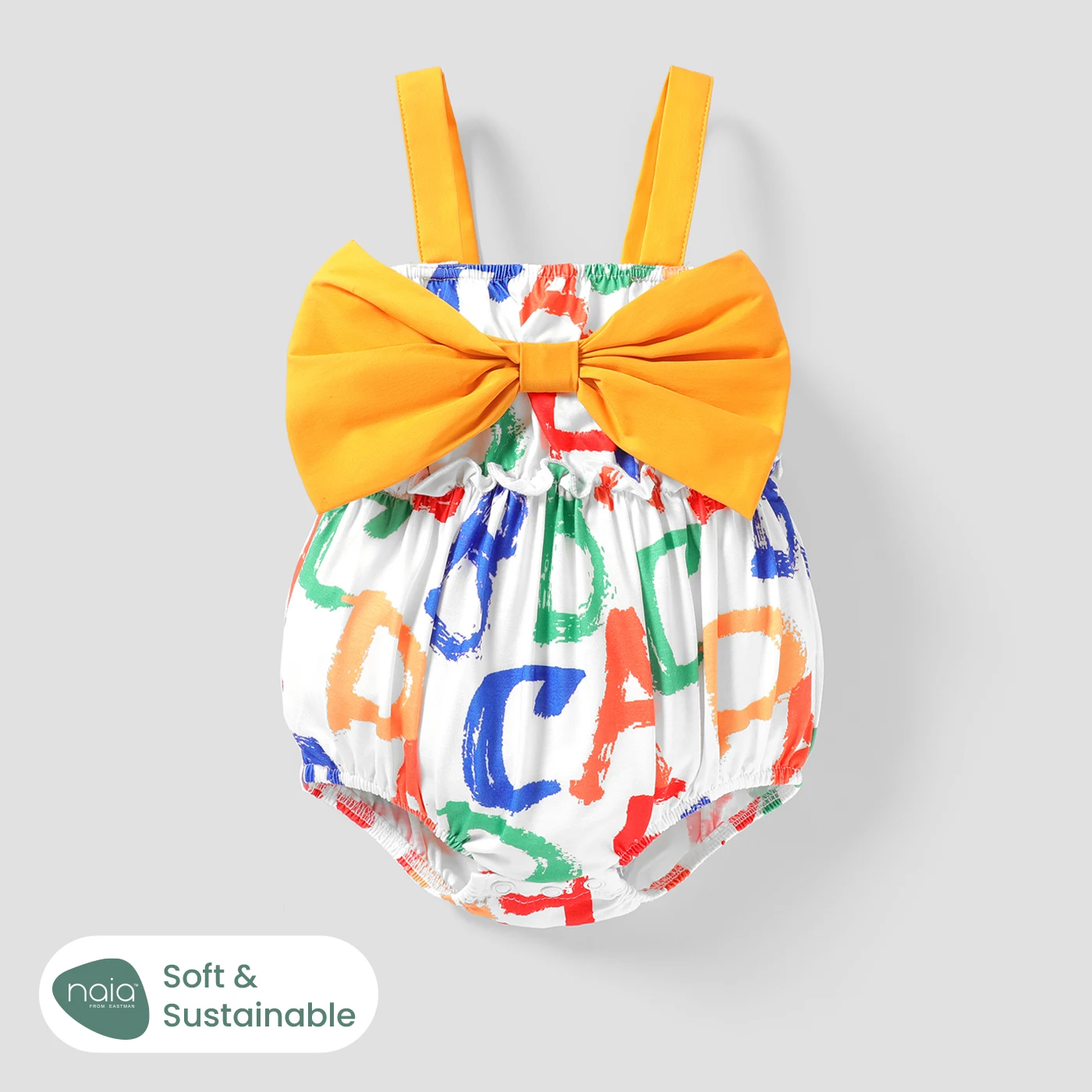 

PatPat Naia™ Baby Girl Allover Colorful Letter Print Bow Front Sleeveless Romper