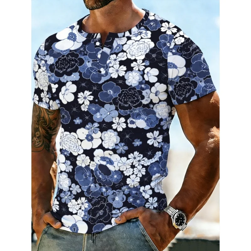 

Flower Pattern Grandpa Shirt For Men Maple Leaf 3D Printed T-Shirts Summer Street Tops Short Sleeve Tee Stand Collar Polo Shirts