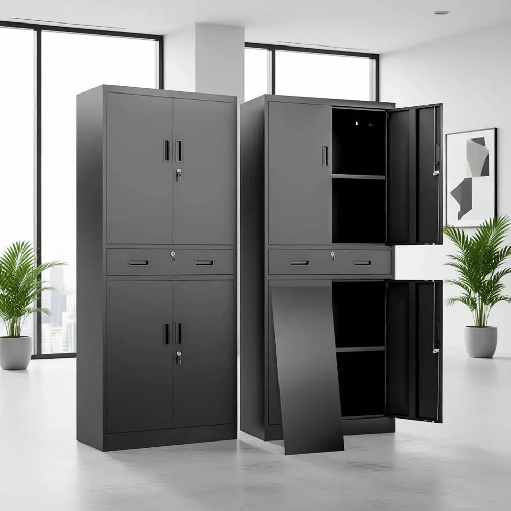 

Высокий черный металлический шкаф для гаража с 4 дверцами, 2 регулируемыми полками и замком