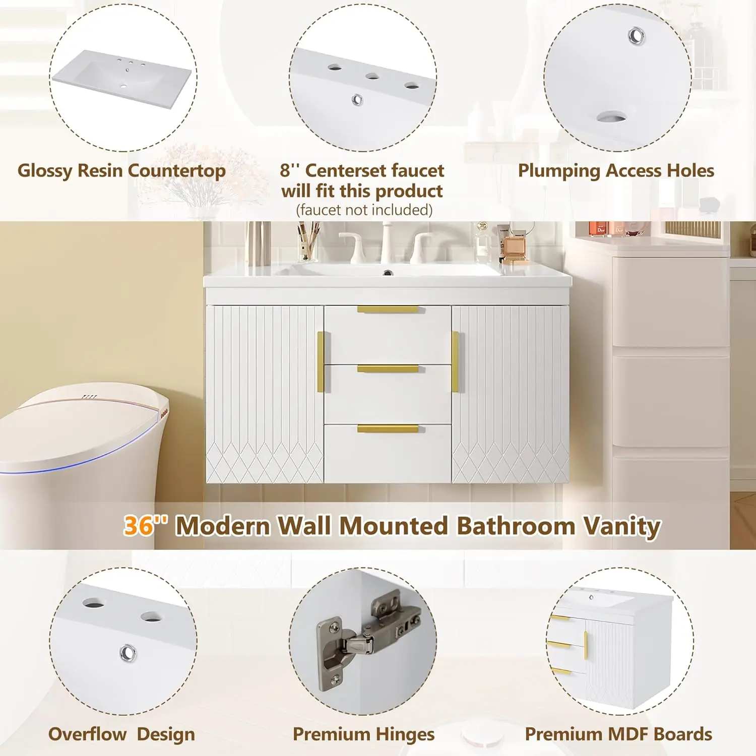 36" Wall‑Mounted Bathroom Vanity Set with Sink, 2 Doors & 2 Drawers 5