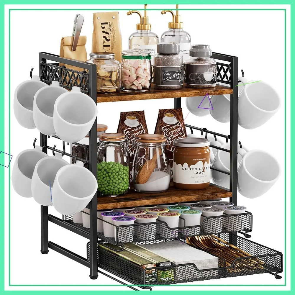 

4-Tier Coffee Bar Organizer with Mug Holder, 12 Hooks, and 30 K-Cup Drawer - Multifunctional Kitchen Shelf