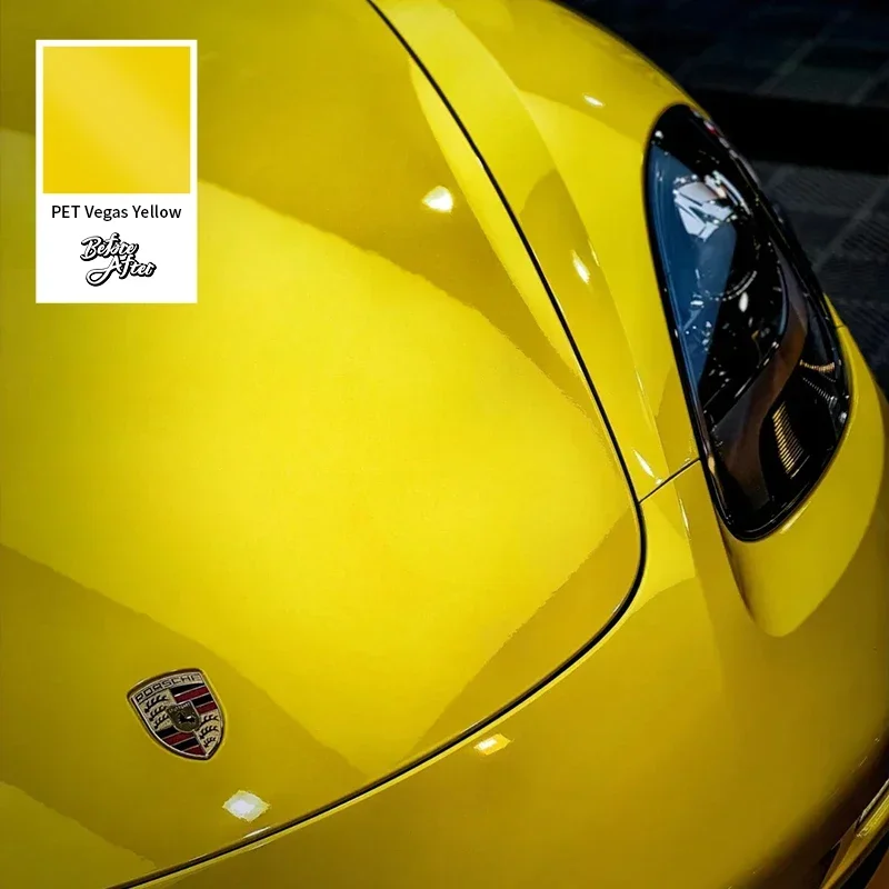 2025年工場カスタマイズPETライナーカービニールラップPVCスーパーブライトクリスタルベガスイエローカーラップカーペイントデコレーションステッカー