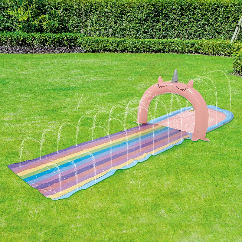 Glissière d'eau de pelouse licorne arc-en-ciel de 12 pieds, tapis de pulvérisation et gonflable pour enfants, jeux de piscine, jouets d'arrosage