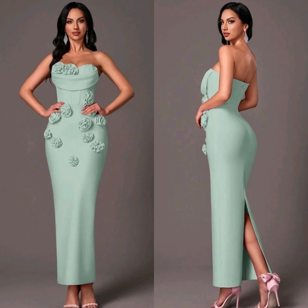

Customized Classic Exquisite Jersey Flower Straight Strapless Midi Dresses Bespoke Occasion Formal Simple