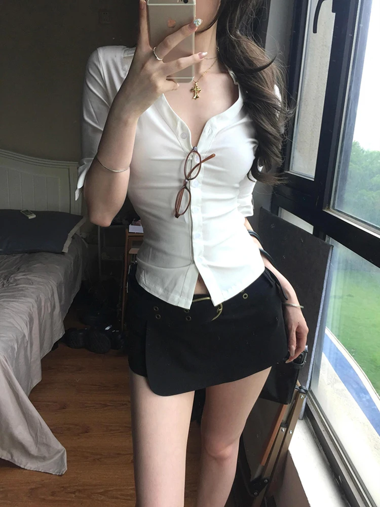 Sexy Witte irt V-Ne Taille-Gekalkt Slip-On ort Sve Vrijetijdskleding voor Dames Knoopdetail Pure Kleur Zomer irt