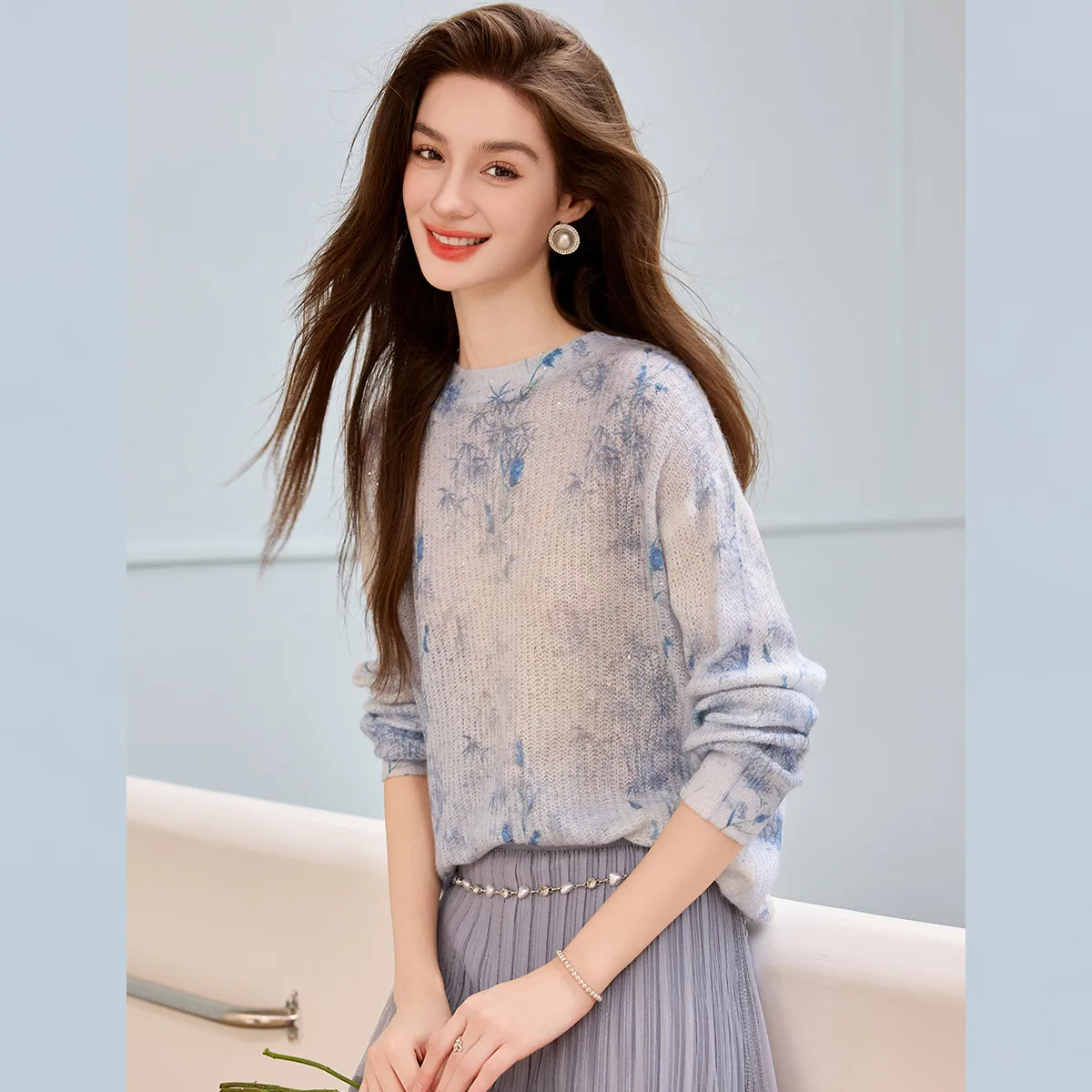 LOUIS YAO Elegant Color Contrasting Pattern Knitwear 2025 Autumn Hoodie Long Sleeve Micro Elastic Women's Knitted Sweater - Detail 1