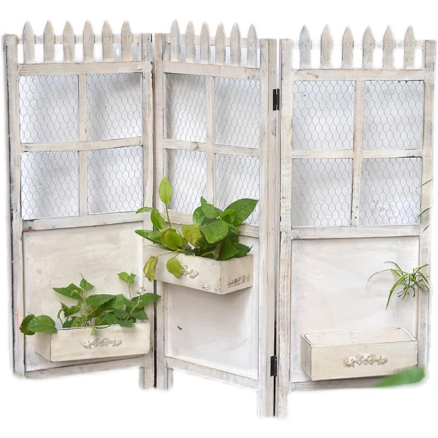 Garden Decor 3 Panel Handmade Vintage Farm Metal Wire Wood Folding Screen with Planter Boxes, Fence, Climbing Frame