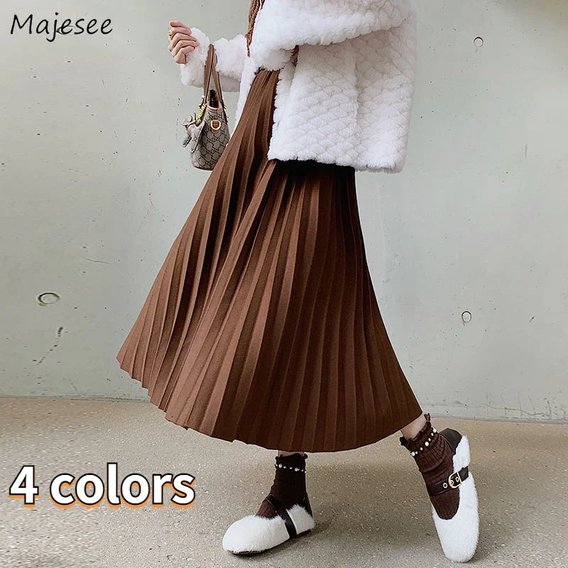 

Midi Skirts Women Pleated Autumn All-match Vintage High Waist Fashion Street Classic Solid Office Ladies Classy Clothing Elegant