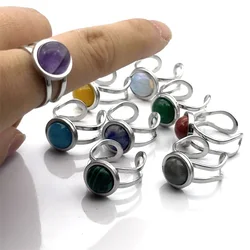 10mm Healing Natural Stone Stainless Steel Open Rings Women Rose Quartz Green Aventurine Adjustable Crystal Jewelry