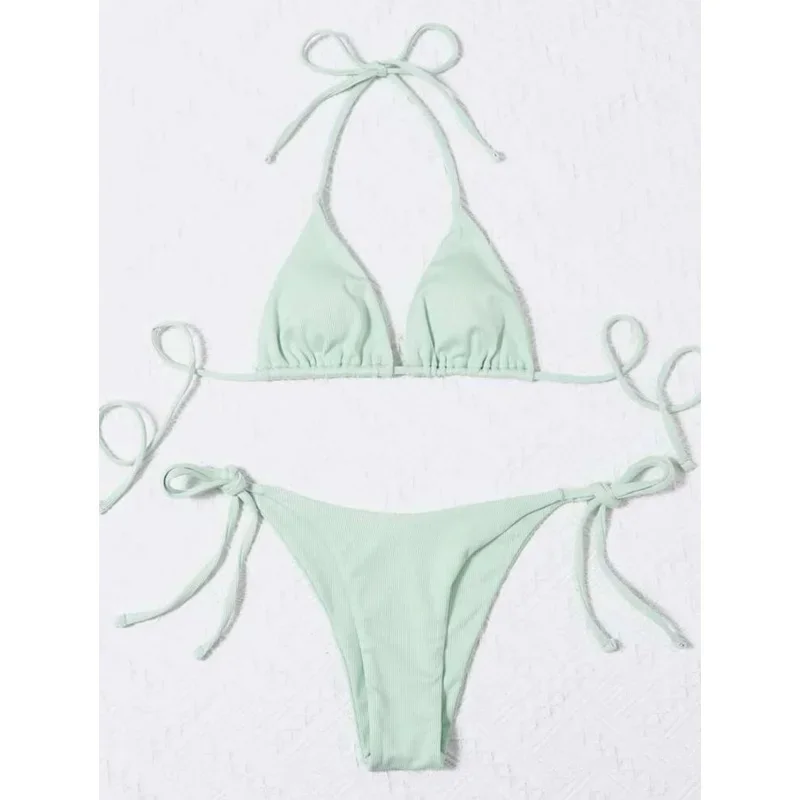 

Сексуальное треугольное микро-бикини, женский купальник, простой однотонный бикини с разрезом на шнуровке, пуш-ап, новинка 2025, купальные костюмы, пляжная одежда, комплект из двух предметов