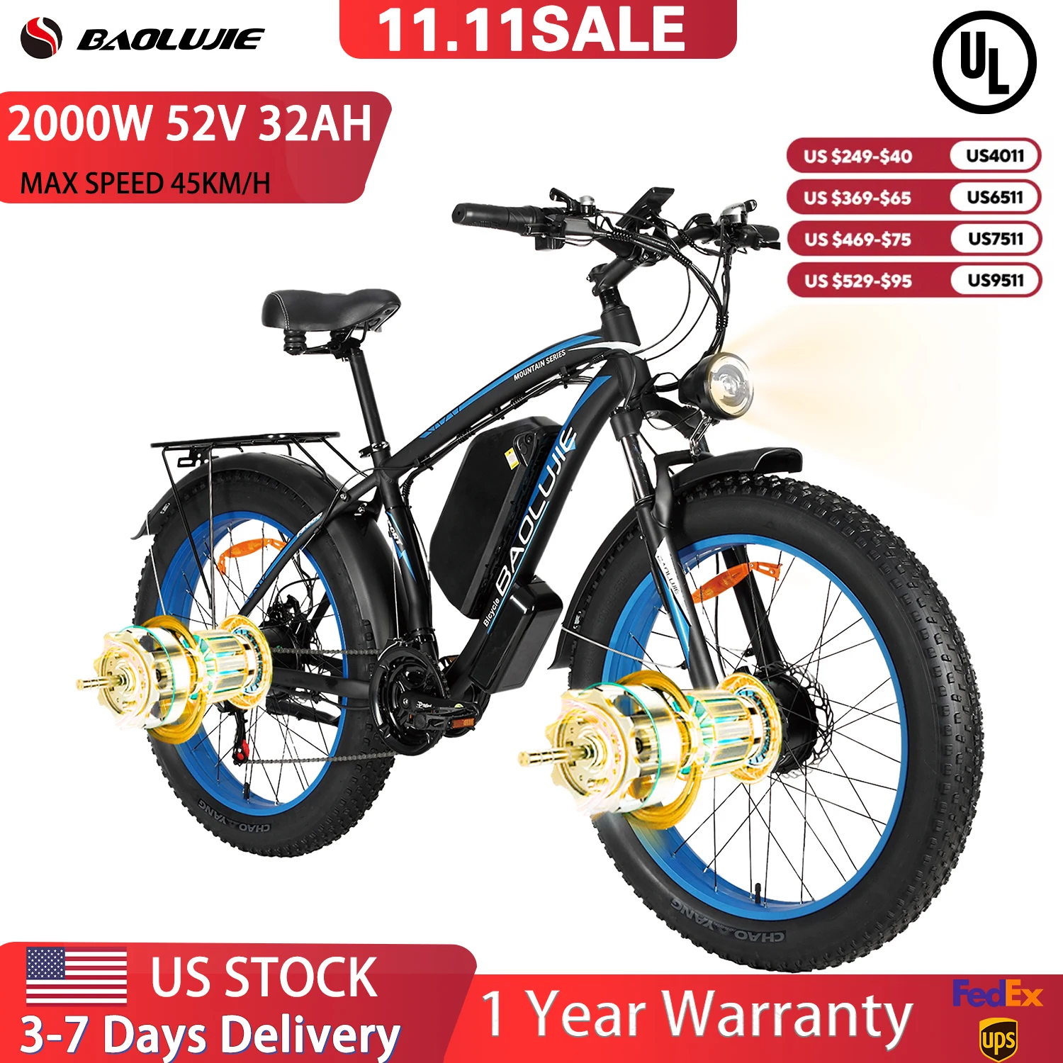 

【1 Year Warranty】BAOLUJIE 2602 Electric Bike for Adults 3000W Dual-Motor Electric Bicycle Hydraulic Brake 26"*4 Fat Tire E-bike