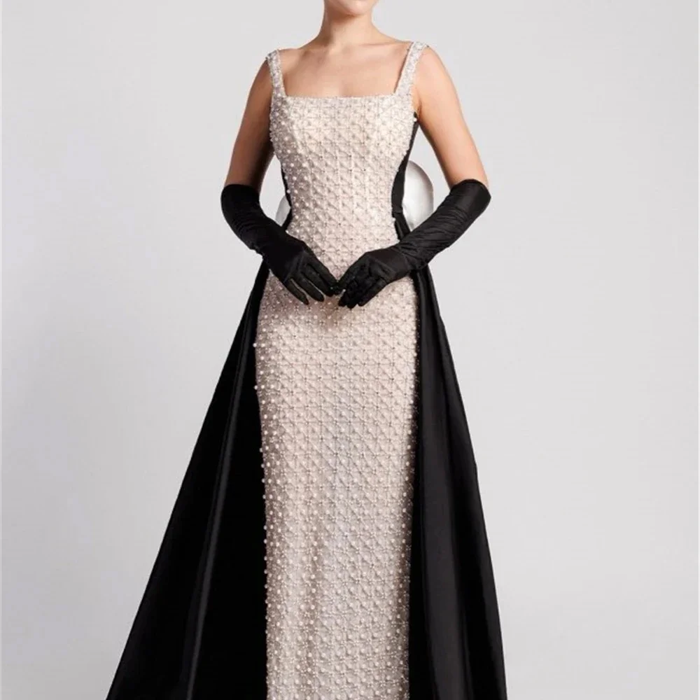 

Customized Exquisite Pearl Draped Handmade Flower A-line Square Neck Long Dresses Bespoke Occasion Dresses Fashion Retro Classic