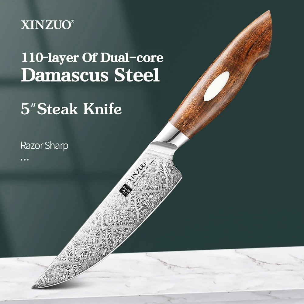 

XINZUO 5'' Inches Steak Knife Damascus Steel 15°±1 Per Side Western Tableware Steak Cutting Knife Professional Kitchen Tools