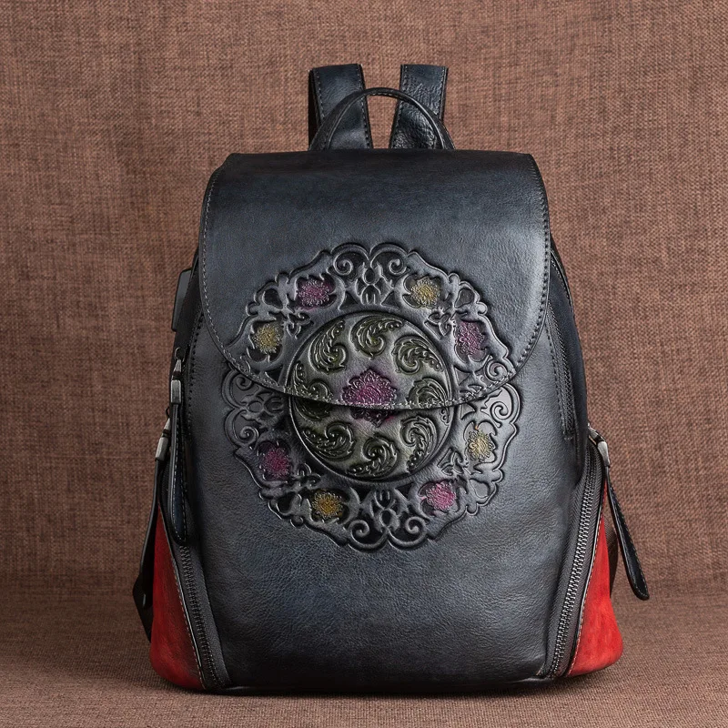 Borsa da donna zaino in pelle di mucca retrò primo strato Johnature 2024 nuova borsa da donna in vera pelle di grande capacità con goffratura fatta