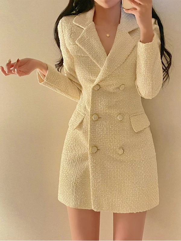 Koreaanse Sle Tweed Double Breasted Dr Dames Herfst Nieuwe Kleine Fraance Sle Lady Ele Pak Kraag halflange rok