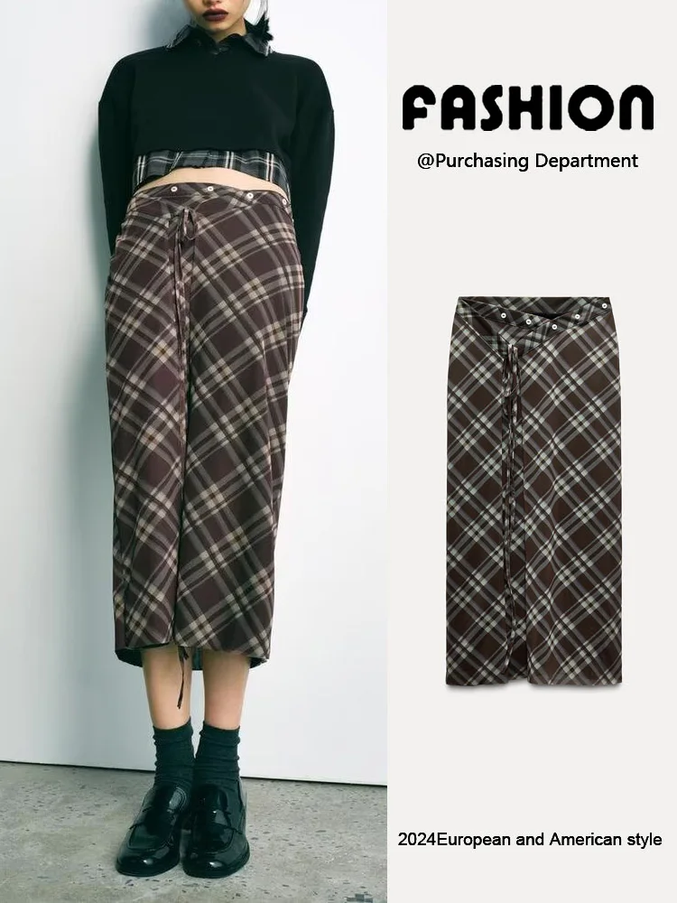 Spring New Arrival Women's Versatile Plaid Silk Me Cage Waist Contrast Color Straight f Skirt Commute Sle Midi Skirt