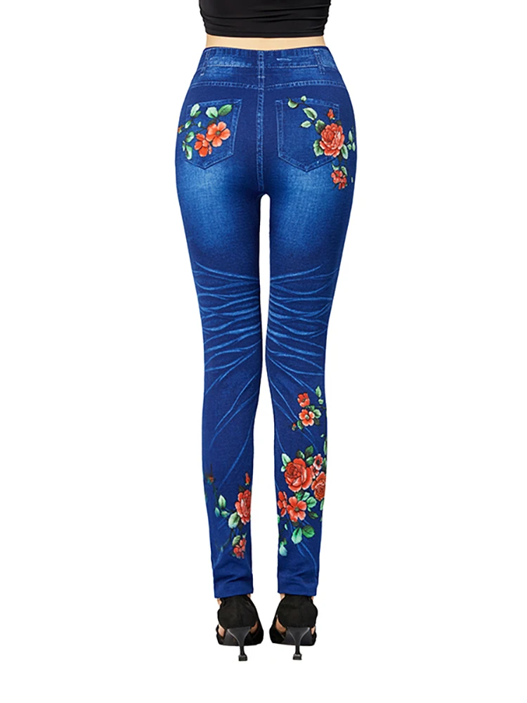 YRRETY Blue Floral Print Jeggings Faux Jeans Women Slim Fit Elegant Pencil Pants Plus Size Stretchy False Denim Legging Dropship