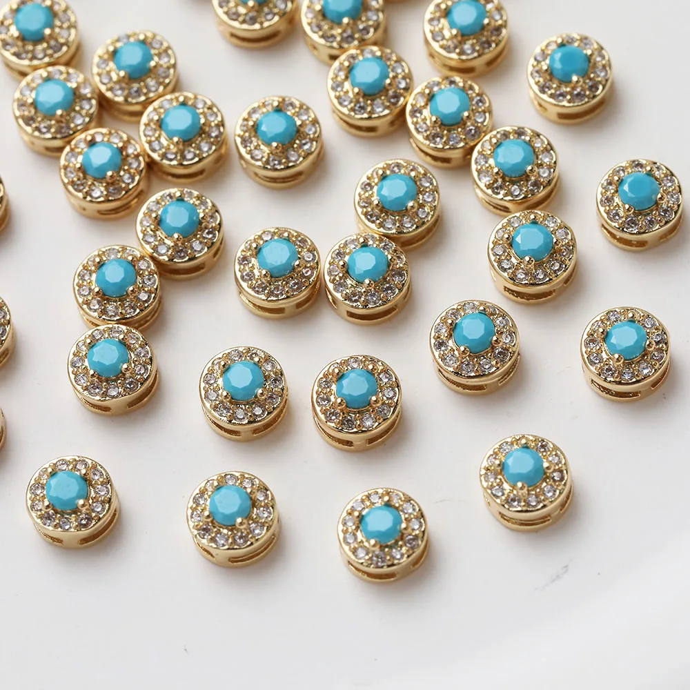 4PCS 14K Gold Plated Vintage Round Inlaid Turquoise Zircon Beads DIY Making Supplies Necklace Bracelet Material Accessories