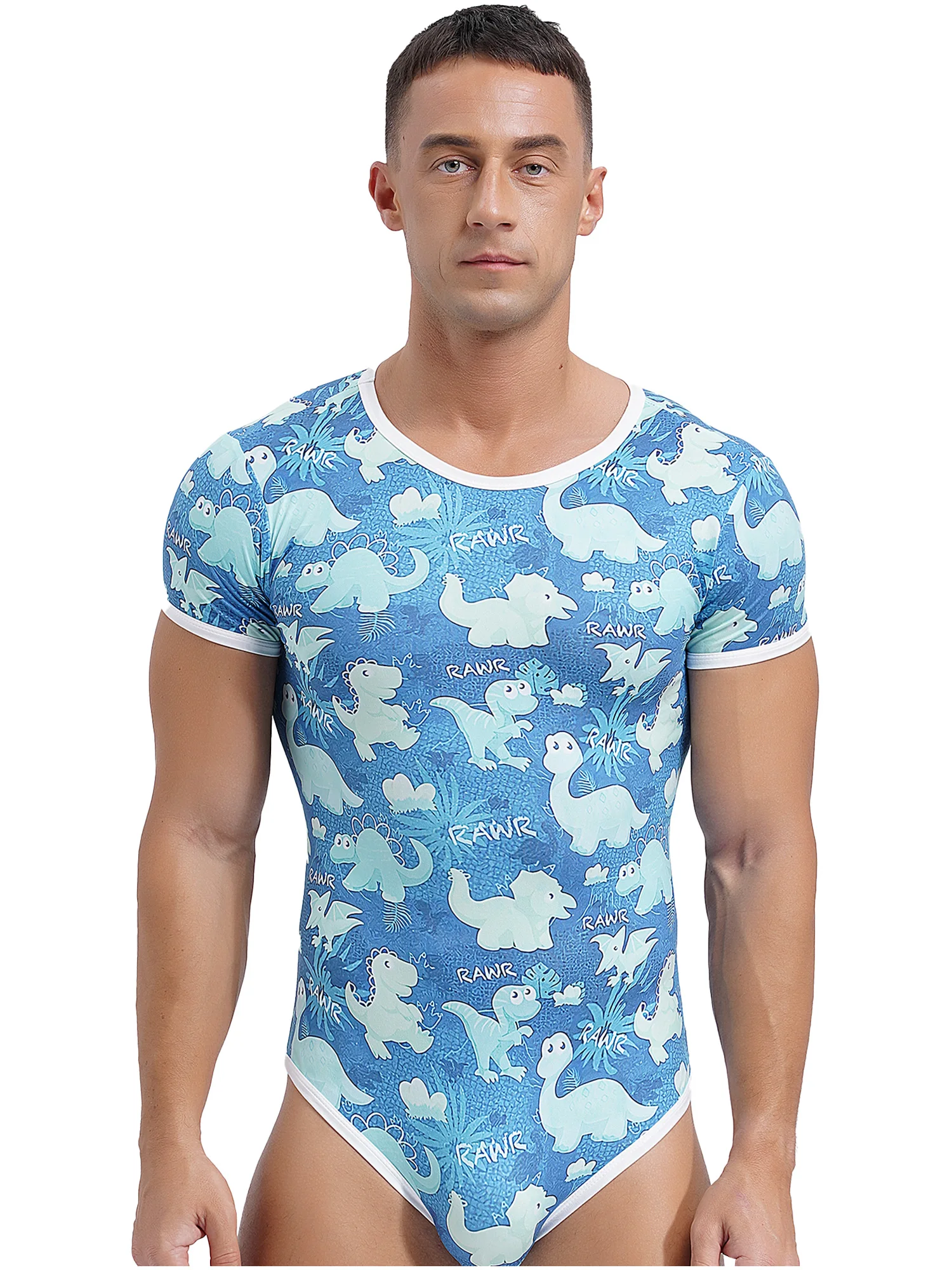 Mens Sissy Cute Cartoon Print Bodysuit Pajamas Short Sleeve Buttoned Crotch Diaper Romper Gay Male Pyjama Sleepwear Bathing Suit
