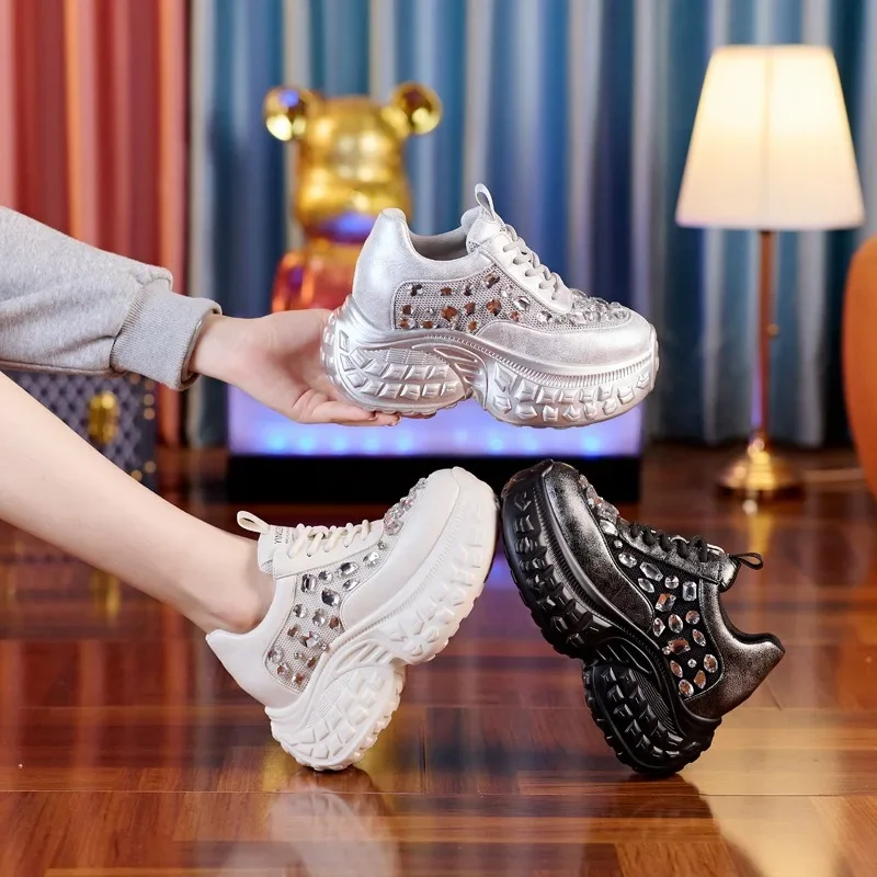 8cm Air Mesh vera pelle Chunky Sneaker moda donna stivaletti Bling donna comode scarpe vulcanizzate estive con strass