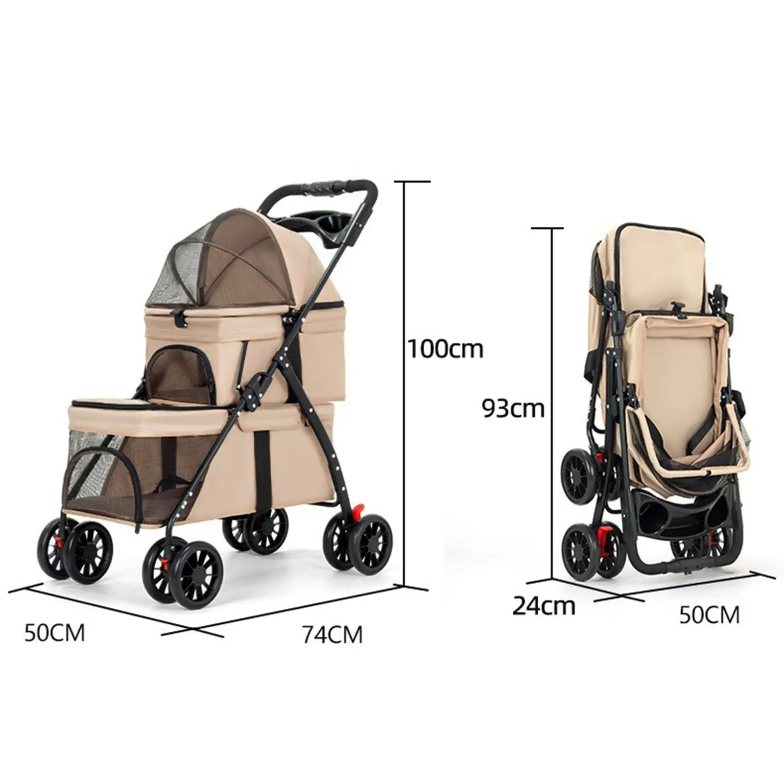 Multi-Pet Family Double Pet Stroller, Dual Compartment Foldable 4 Wheel Pet Buggy for 2 Puppies Kittens Travel