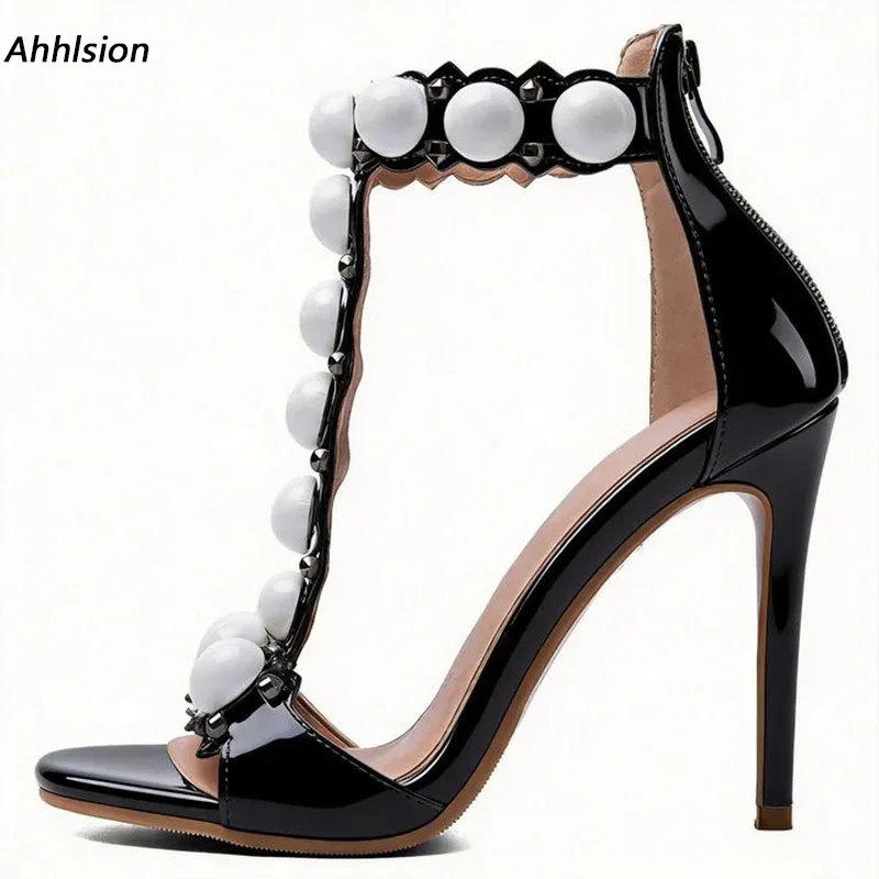 Ahhlsion Handmade Women Round Toe T-Strap Sandals White Pearl Decor Patent Leather Back Zipper Stiletto High Heels Party Shoes