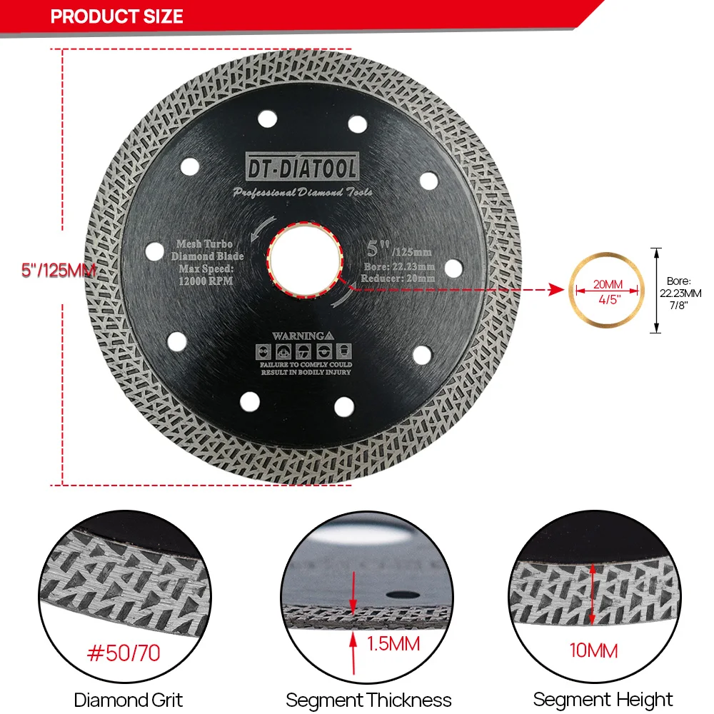 Imagem -02 - Diamond Saw Blades Mesh Turbo Wheel Disco de Corte de Segmento Pedra Dura Telha de Granito Alvenaria de Mármore Pol 45 Pol Pol 125 mm 10 Pcs