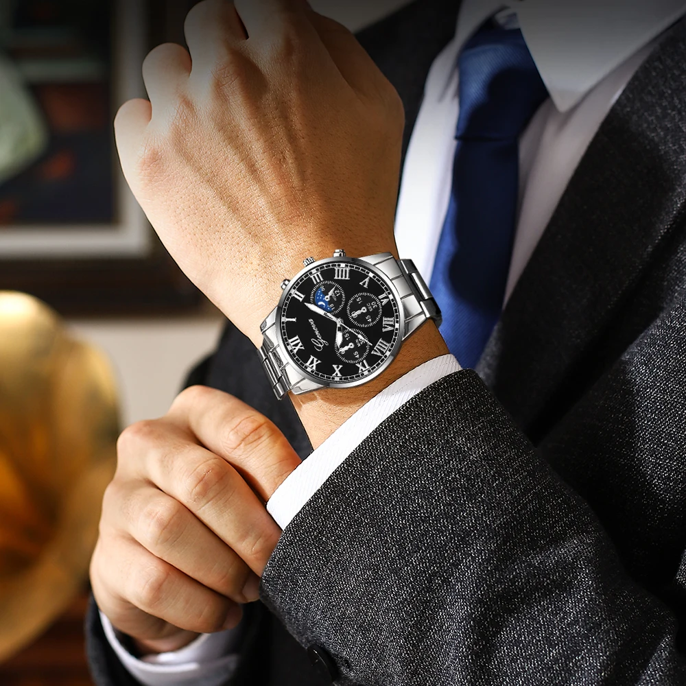 4pcs men's watch handsome steel strap quartz watch with necklace bracelet set suitable for daily wear and holiday gifts