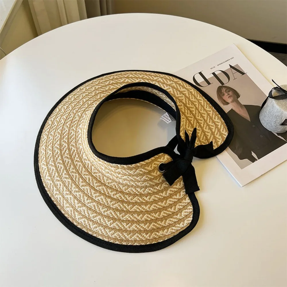 Trendy UV-Resistant Visor Straw Visor Hat Empty Top UV Protection Wide Brim Visor Foldable Visor Hat Beach Open Top Sun Hat