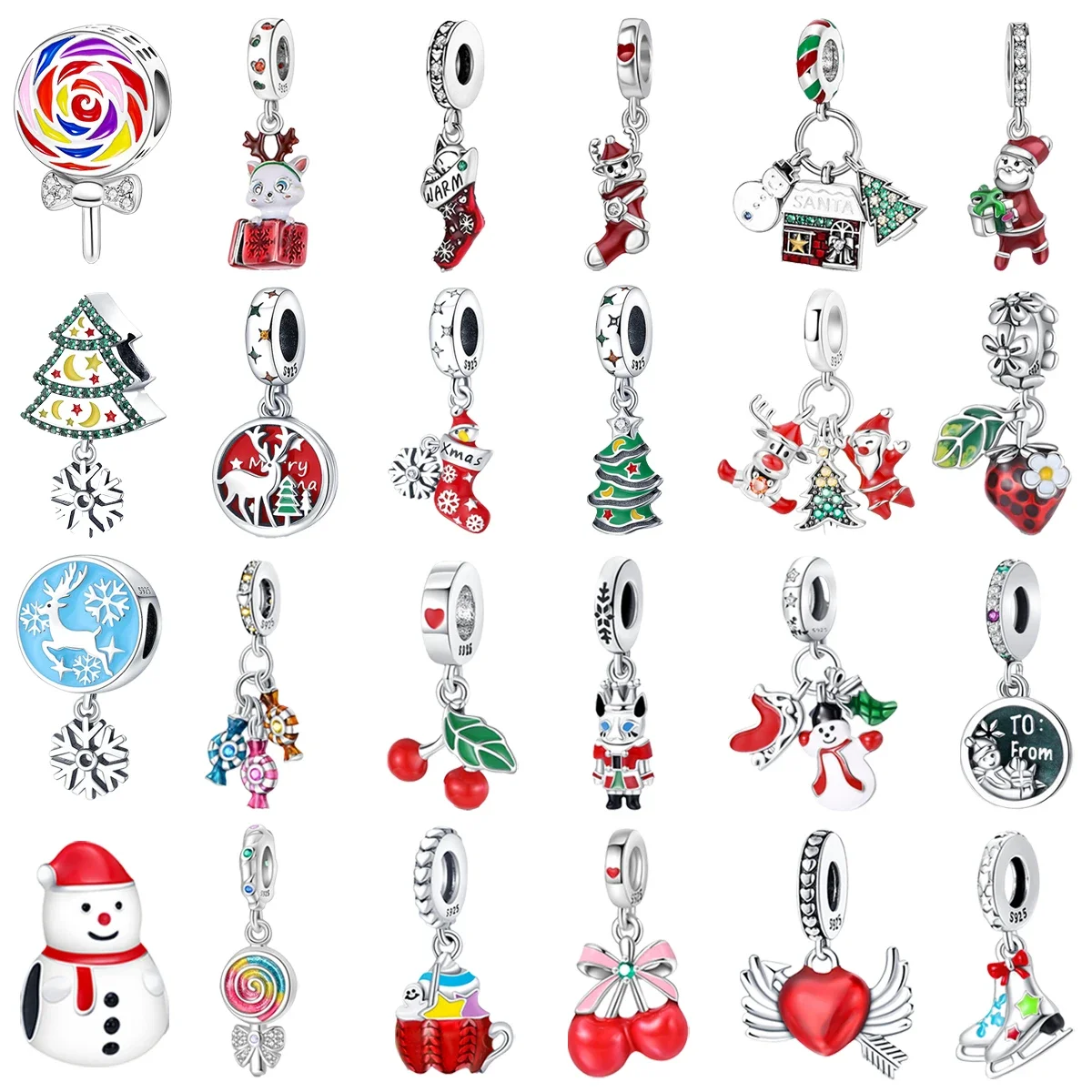 Original 925 Sterling Silver Christmas Stocking Snowman Moose Candy Beada Charms for Pandora Bracelet DIY Women Jewellery Gift