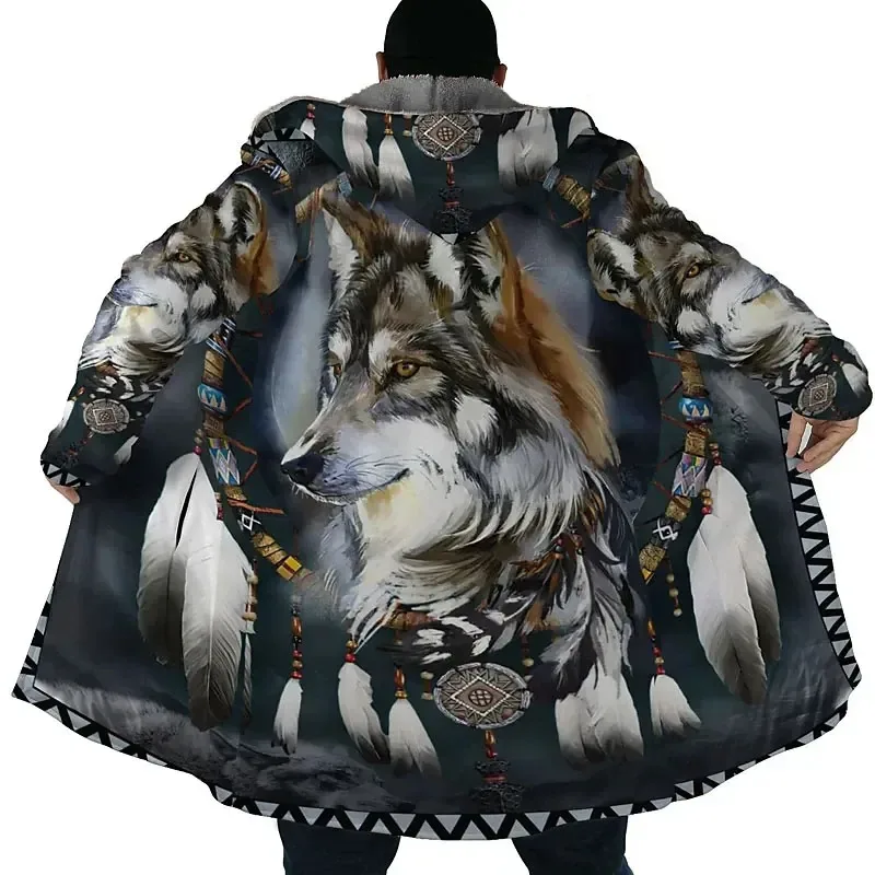 Wolf 3D Male Thicken Warm Hooded Long Parkas, Zippered Jackets, Men's Wool Jackets, Winter Clothes Above 2024