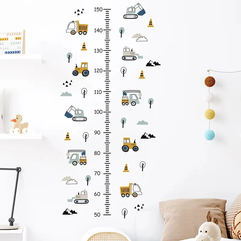 Cartoon Wall Stickers Height Measurement for Boys Room Cars Truck Tractor Bulldozer Height Grow Up Chart Wall Decals Baby Room