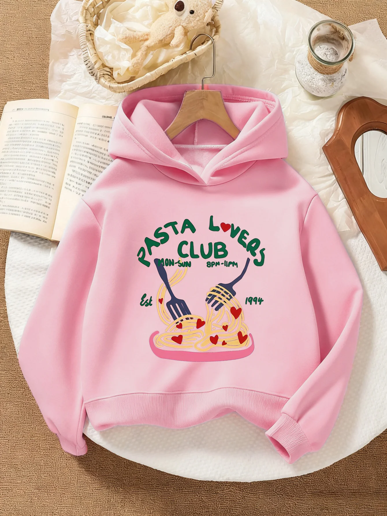 Girls' Valentine's Day Heart-Shaped Pasta Themed Hooded Sweatshirt, Fun Pasta Fork and Heart Print Pattern, Fashionable and