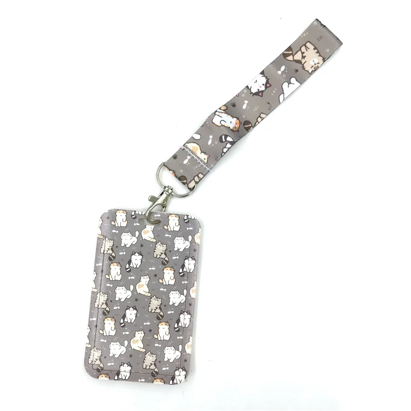 Grey Lovely Cute Cats Anime Lanyard Badge Holder ID Card Lanyards Mobile Phone Rope Key Lanyard Neck Straps Keychain Key Ring