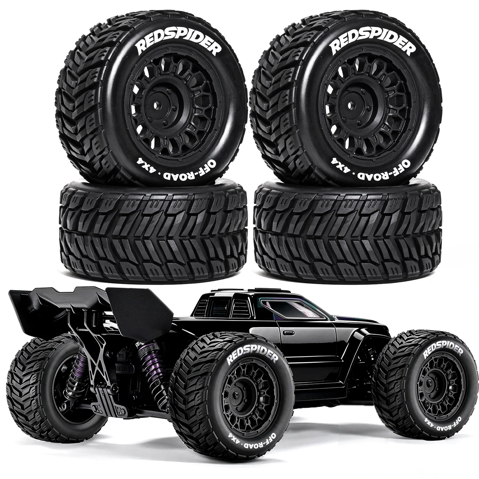 RED SPIDER 4Pcs 90mm 1/14 1/16 RC Big Foot Tyres, Assembled Off-road Tires Fit Wltoys 144002 16889 RC Monster Truck Replacement