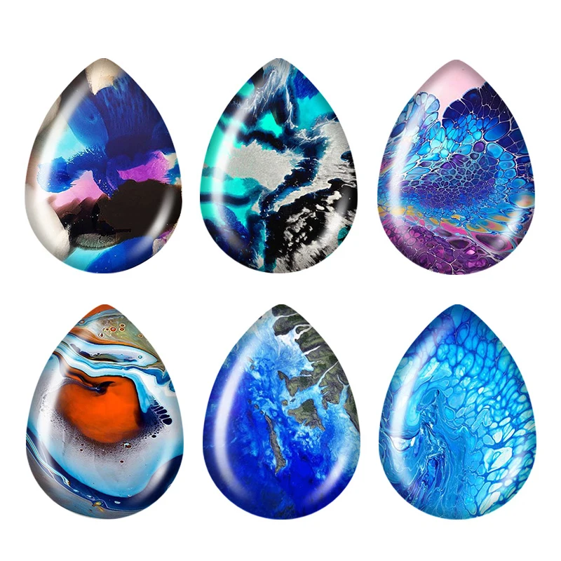 5Pairs Blue Dyeing Texture Wave Flow Patterns Teardrop Shape Photo Glass Cabochon Flat Back For DIY Jewelry Base Making Findings