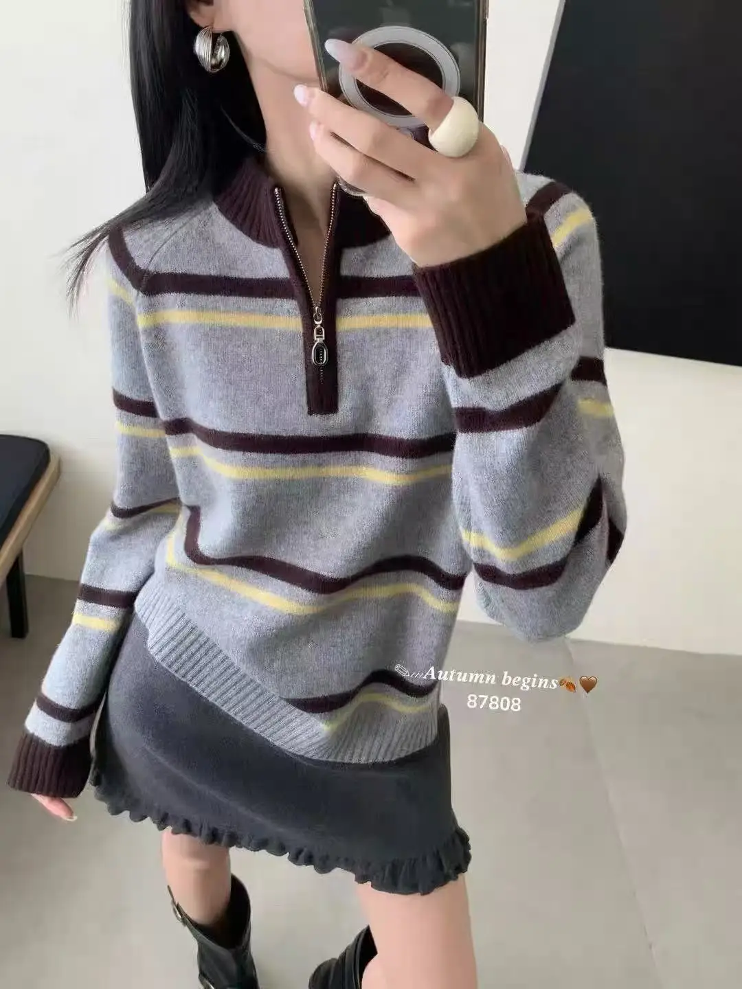 

Корейский модный полосатый полумолния с воротником-стойкой, шерстяной вязаный пуловер, свитер, женские осенне-зимние новые тонкие топы с длинными рукавами