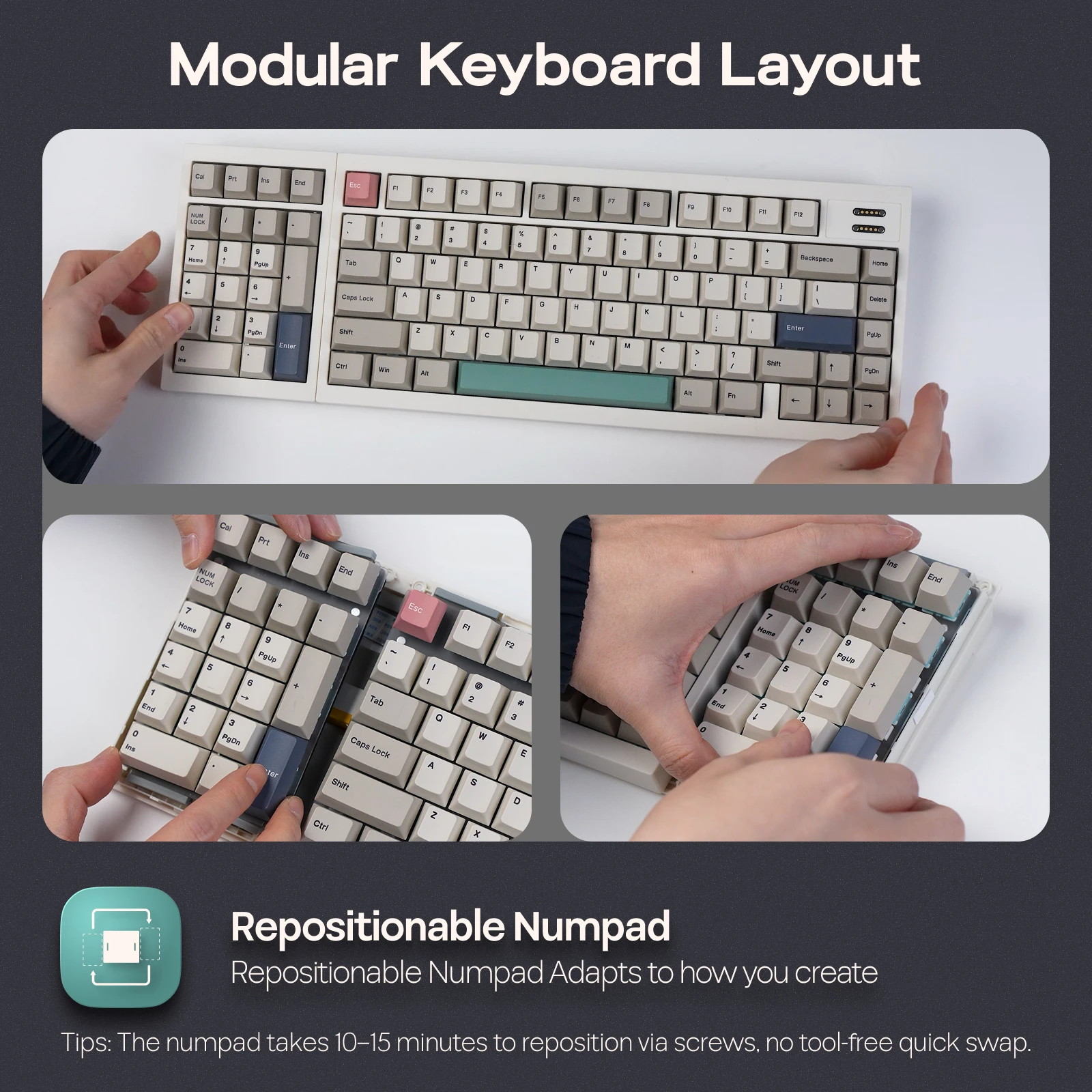 EPOMAKER RT98 98% ANSI US Layout Trójtrybowa Bezprzewodowa Modułowa Retro Klawiatura Mechaniczna do Gier z Odłączaną Mini Klawiaturą TV dla Win/Mac — zdjęcie produktu 5