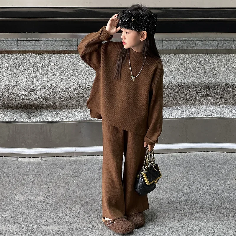 

Girl Knitted Clothes Set Outfit Teenager Sweaters Wide Leg Pants Two Pieces Children kids Brown Suits 8 10 12 14 ensemble fille