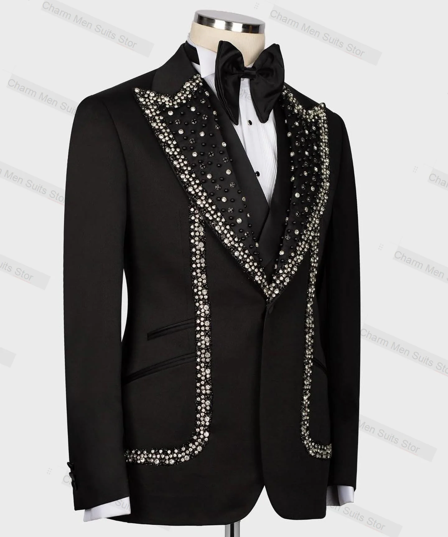 Black Crystal Men Suits Set 2 Piece Blazer+Pants Custom Made Jacket Formal Office Business Groom Wedding Tuxedo Prom Coat