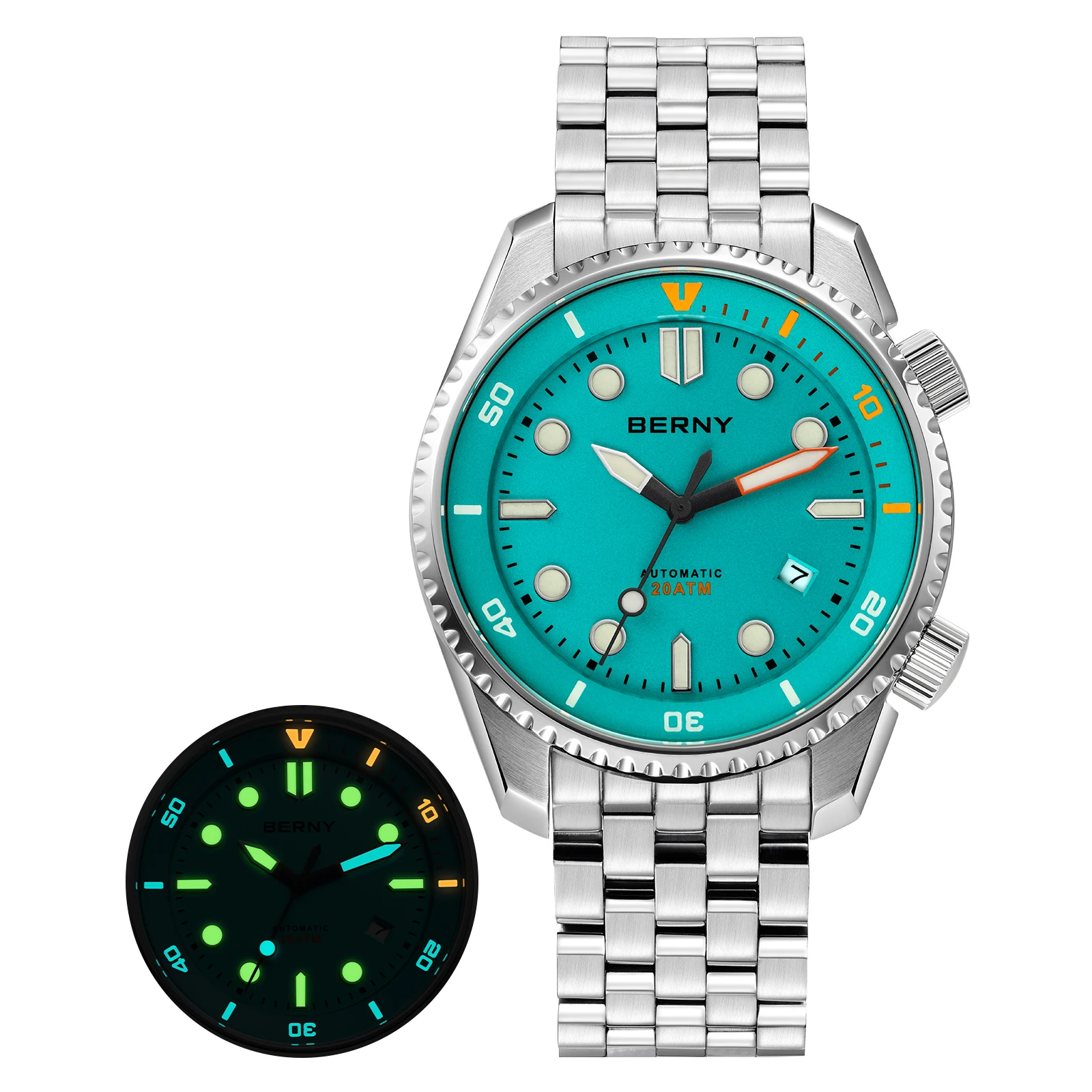 BERNY Automatisch duikhorloge voor heren Topluxe saffier 316L staal blauwe wijzerplaat 200M waterdicht mechanisch duiken herenhorloges