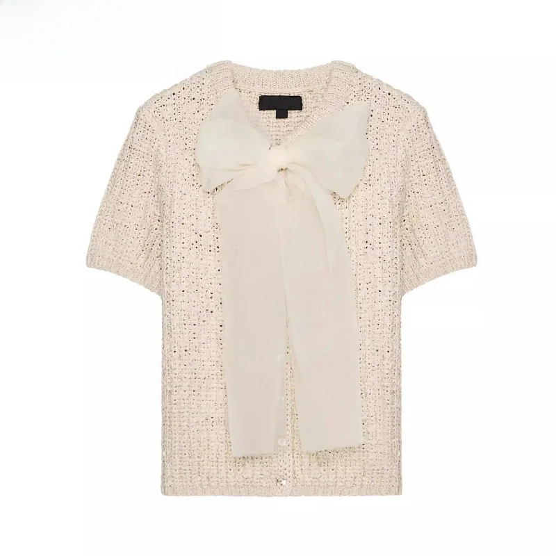 

New Summer 2025 Women's round Ne ort Sve Transparent Hard Net Knot Knitted Jaet Commute Sle Loose Fit Kn...