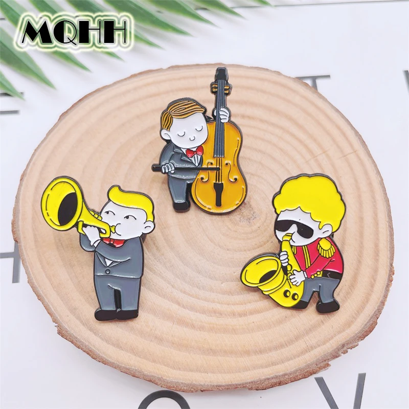 Creative Cute Characters Playing Music Enamel Pins Musical Instrument Saxophone Guitar Trumpet Alloy Brooch Badge Woman Jewelry